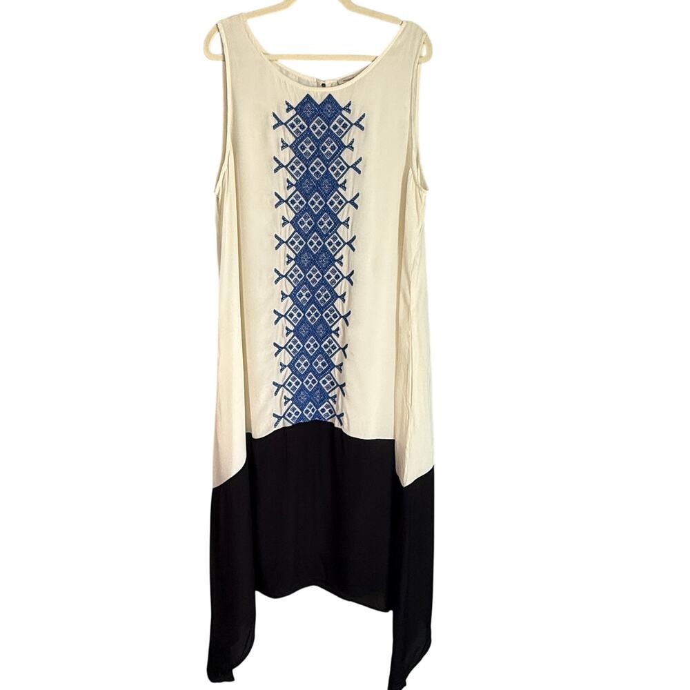 Sundance Ivory & Black Maxi Dress Blue Embroidered Lagenlook Style Size XL